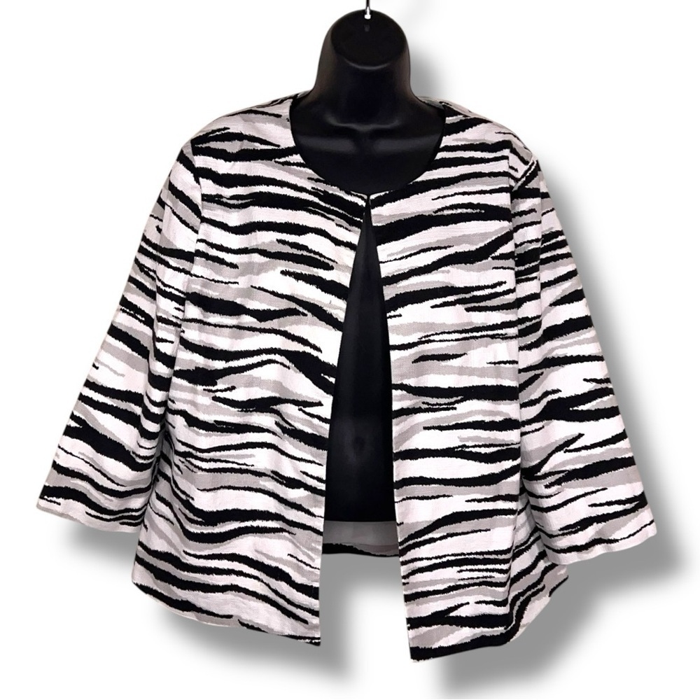 Size 12 Chicos 2 Black White Zebra Blazer Lined Cotton Animal Print Open Front